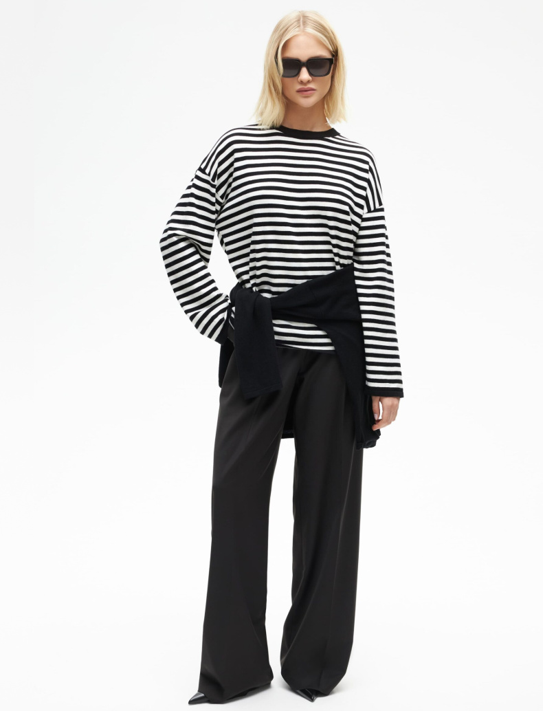 Лонгслив из кашемира и хлопка черный в белую полоску