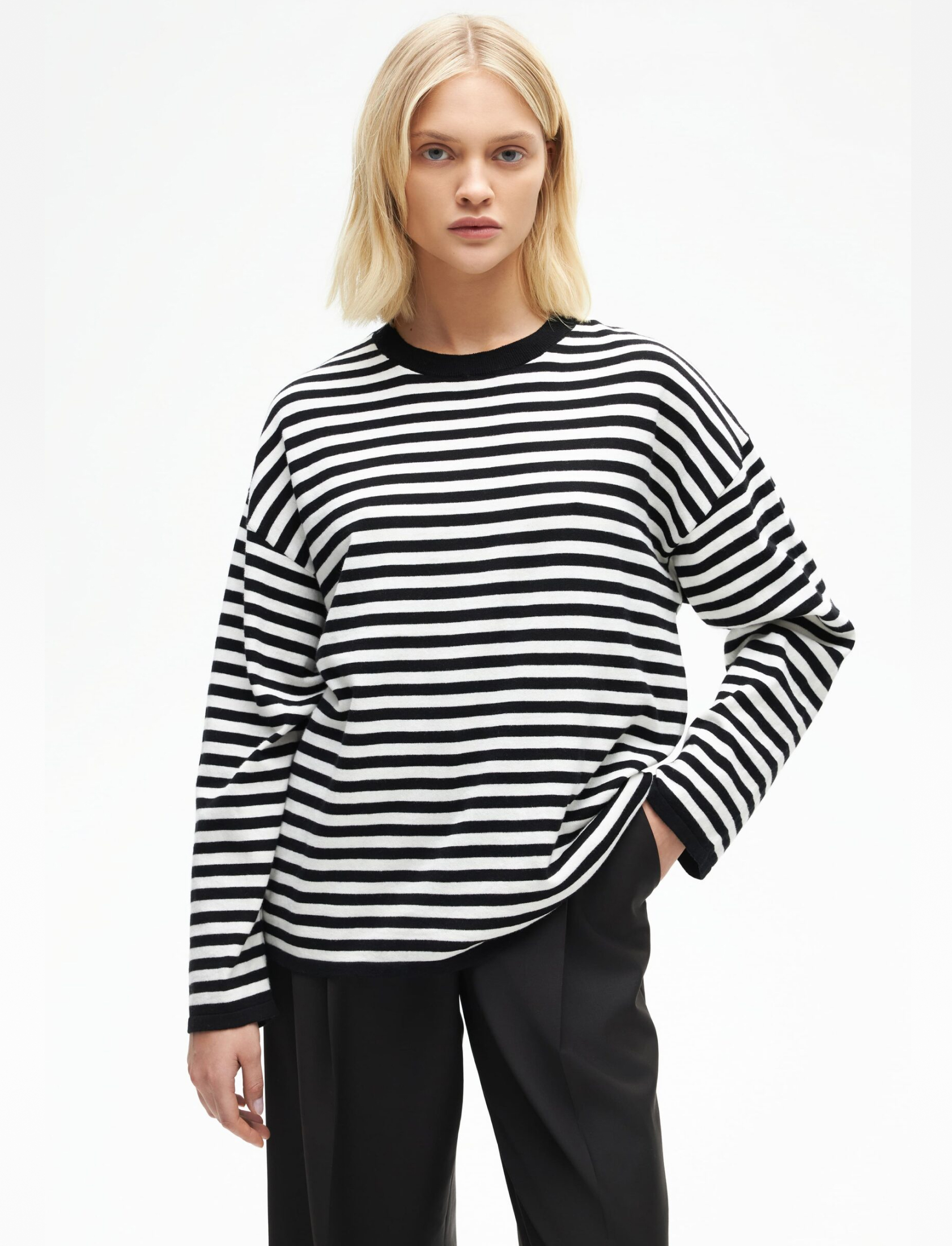 Лонгслив из кашемира и хлопка черный в белую полоску